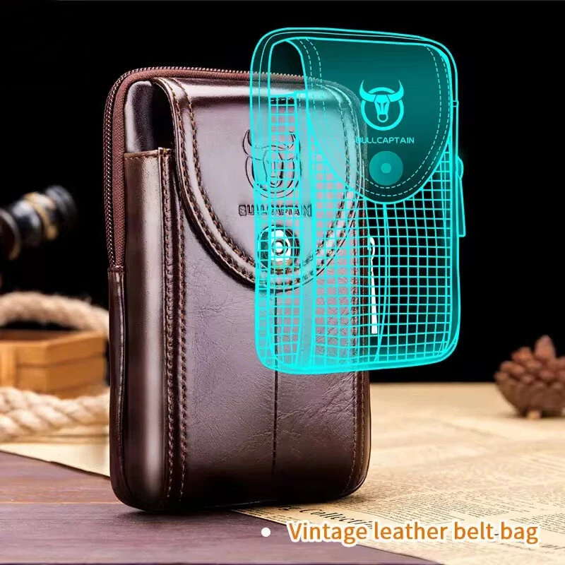 (image for) BULLCAPTAIN Genuine Leather Waist Pack Mens Small Fanny Belt Bag Travel Phone Pouch Male Work Leather Waist Bag